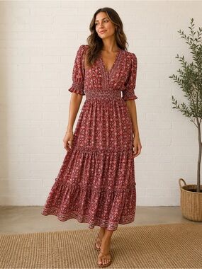 Max Studio Tiered Maxi Dress Smocked Waist Floral Paisley Sz S Boho Cottagecore